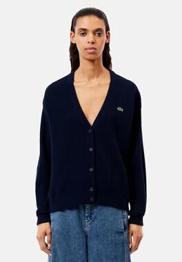 Lacoste Long Sleeve V-Neck Button-Down Knit Cardigan Sweater Navy Blue Women's 6